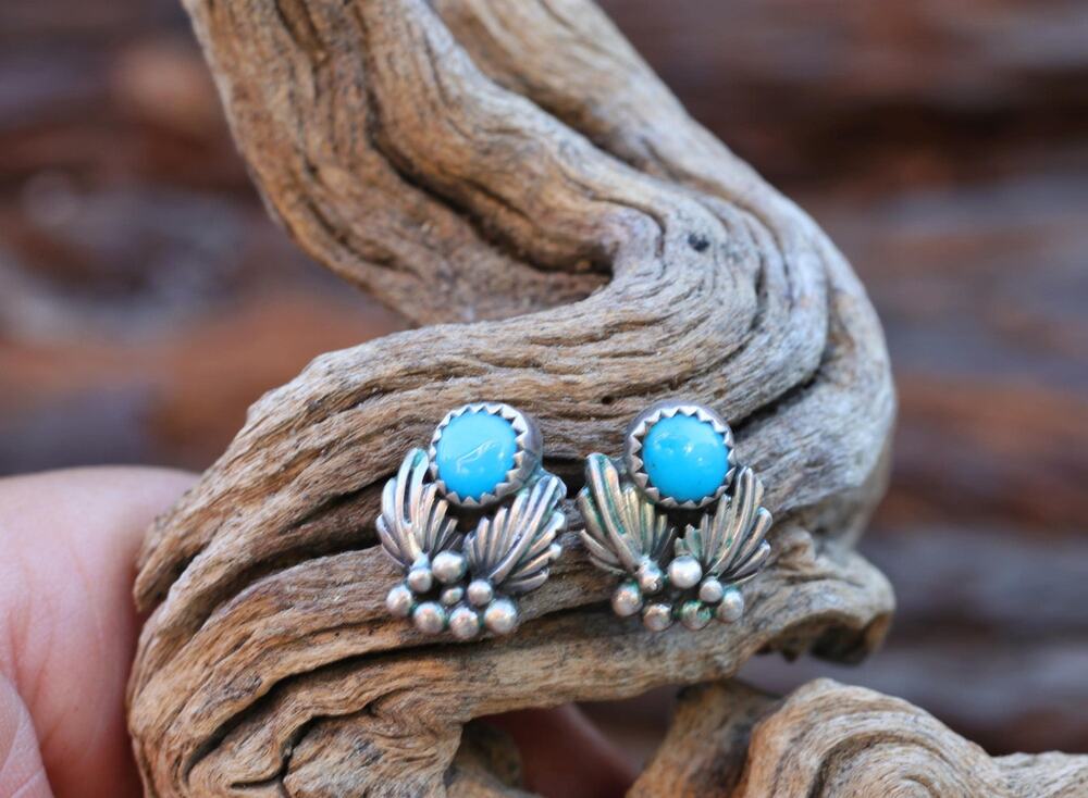 Running Bear Turquoise Earrings, Navajo handmade Studs, Native American